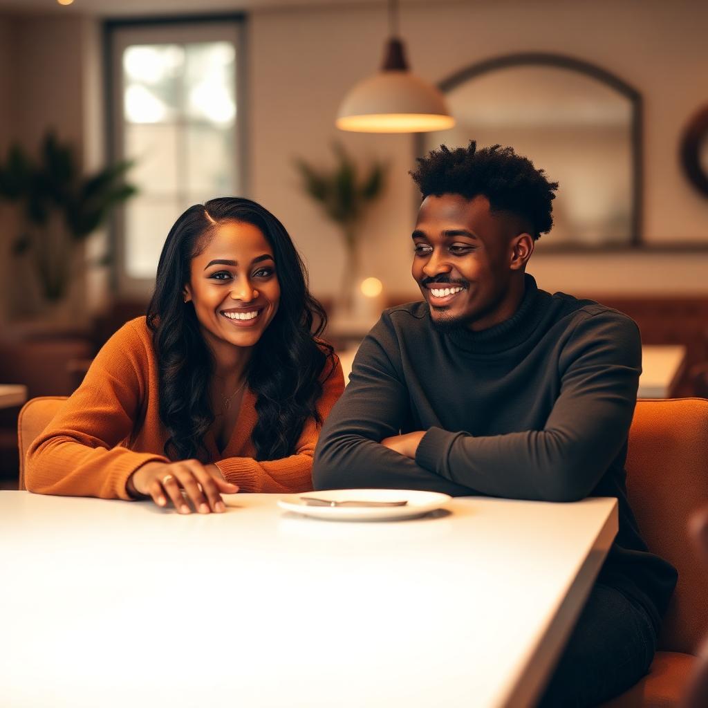 A warm, smiling couple in easy conversation at a cafΓ© table